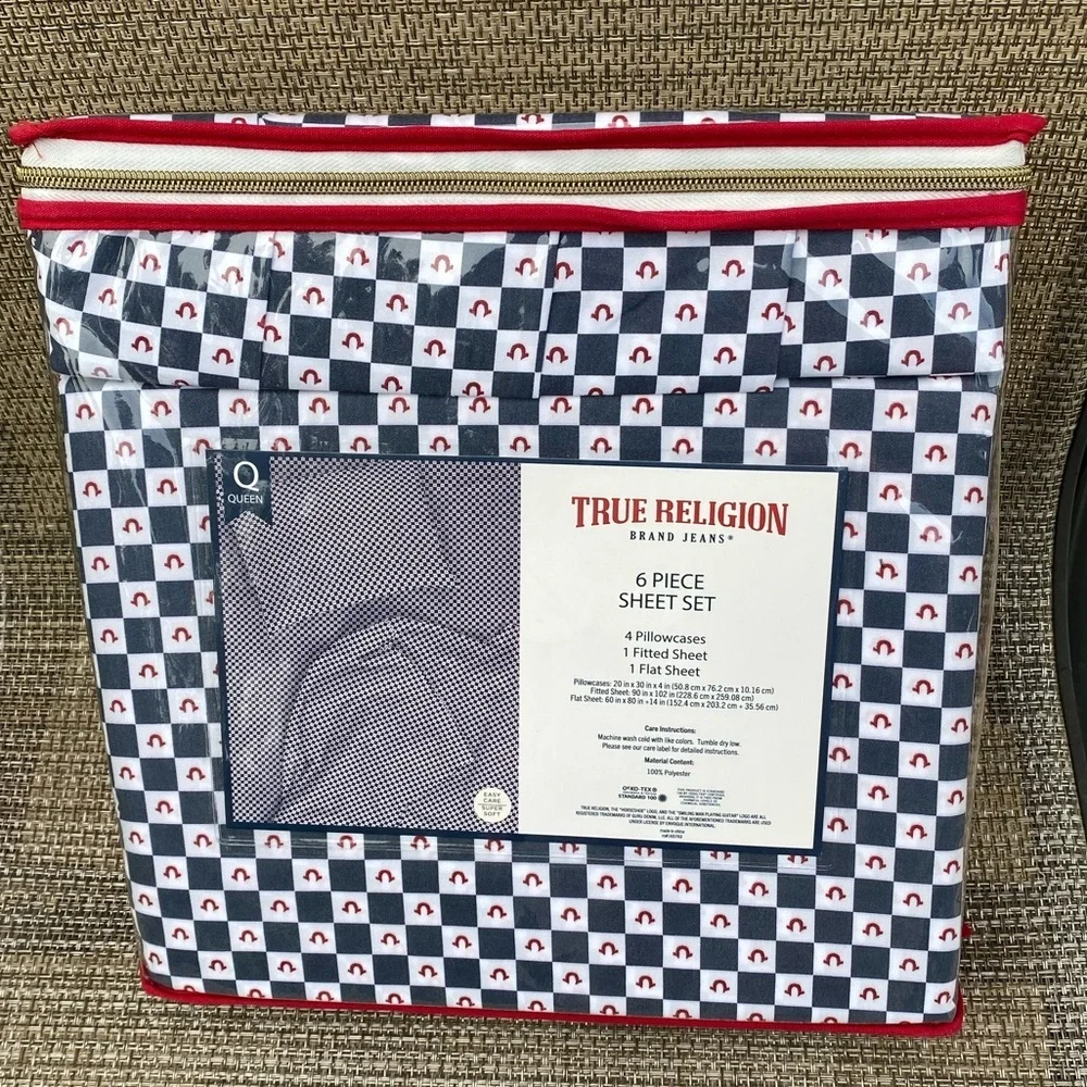 True Religion Blue Red White Plaid Polyester QUEEN Sheet Set 6pc